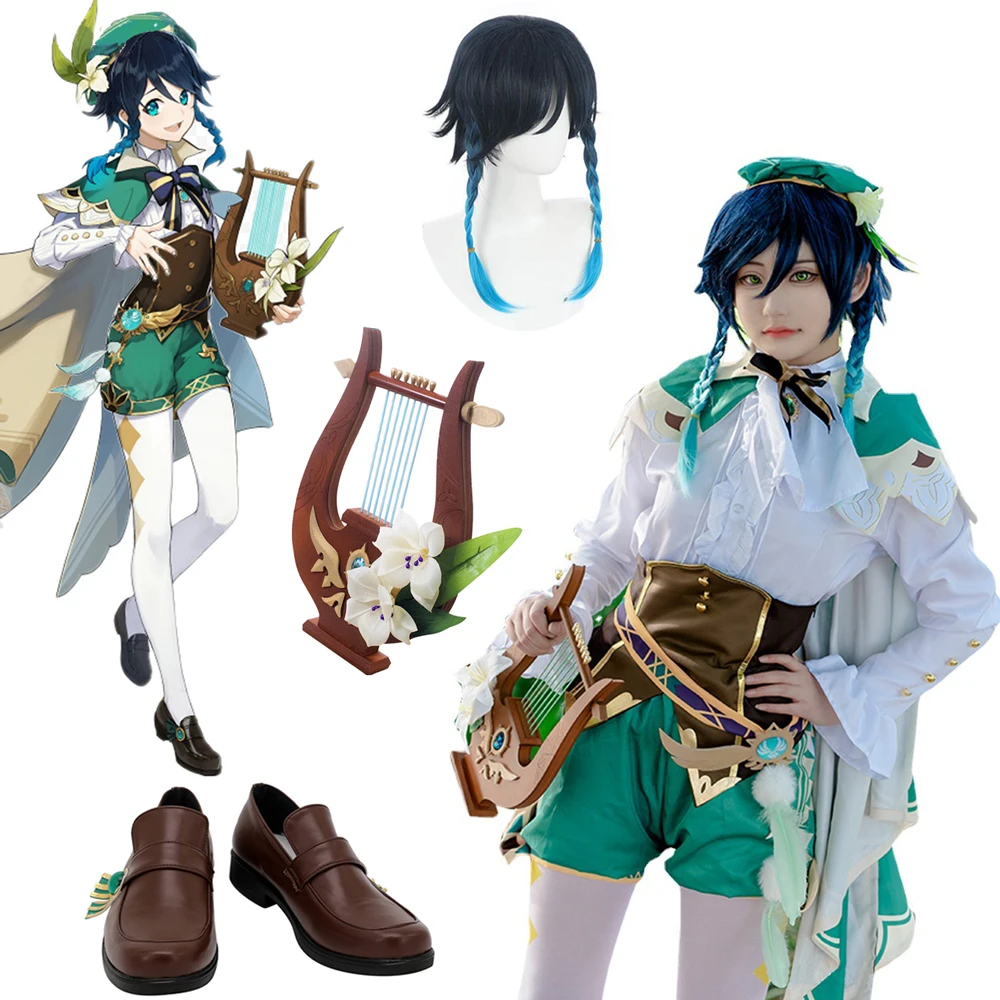 Disfraz de Genshin Impact Venti, capa para Cosplay, Peluca de Dios del Viento, baratos, trajes de fiesta de carnaval, disfraces de fantasía