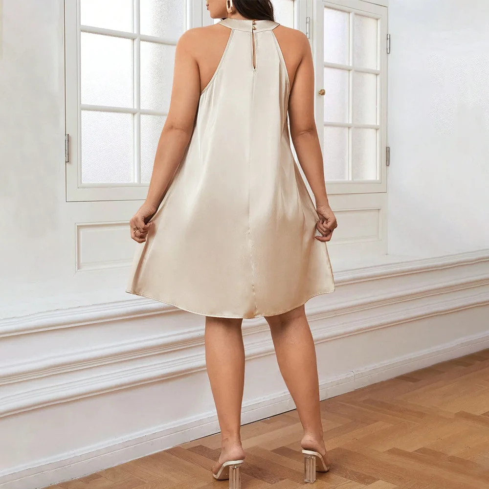 Plus Size Women's Off Shoulder Dress Vintage Style Silk Feeling Solid Knee Length Oversized Dress for Women Spring Summer