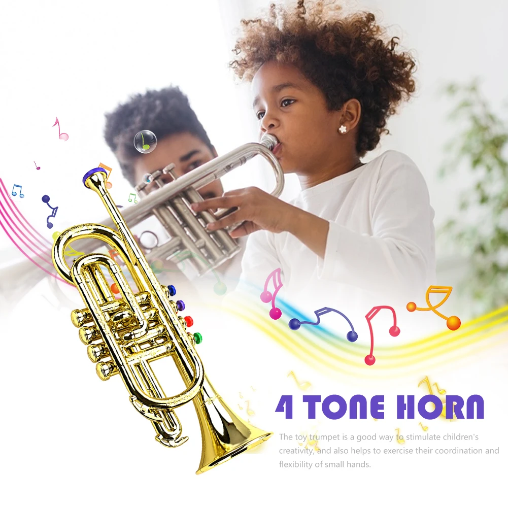 Professional Metallic Gold Trumpet Musical Educational Toy Kids Saxophone Trumpet with 4 Colored Keys Simulation Instrument