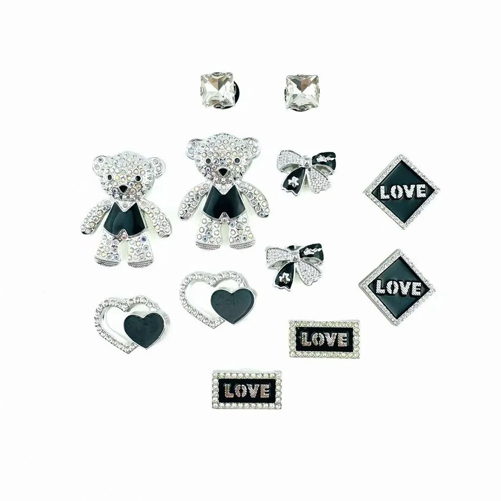 12PCS Fashion Shoe Charm Set Diamond Bear Letter Heart-shaped Bow Shoe Decorations Buckle for Sandals Clogs DIY Accessories Gift