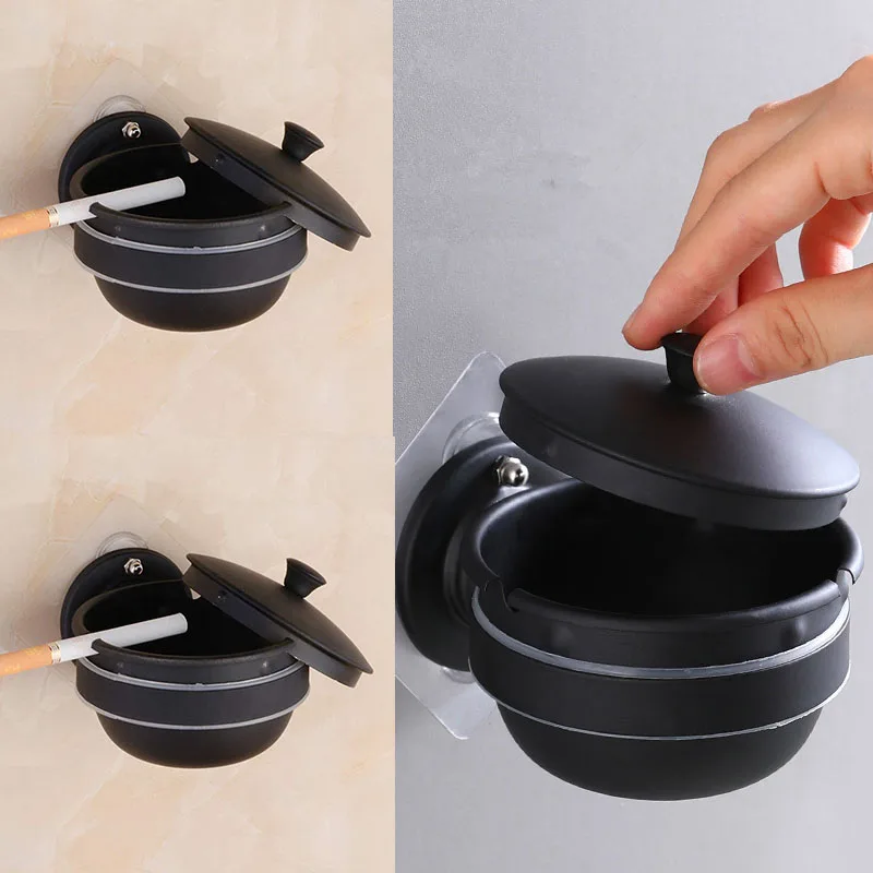 Wall Mounted Stainless Steel Ashtray Safety Food And Beverage Home Windproof Ashtray Free Punching Creative Ashtray With Lid