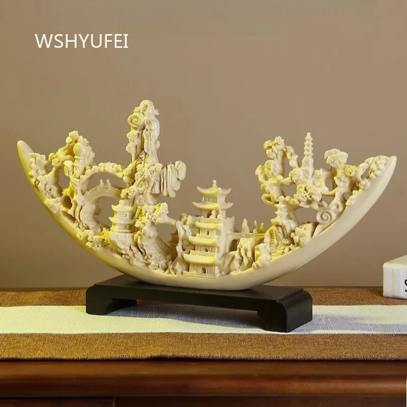 Resin Imitation Ivory Carving Statue Chinese Landscape Pavilion Character Sculpture With Wooden Base For Home Tabletop Decor