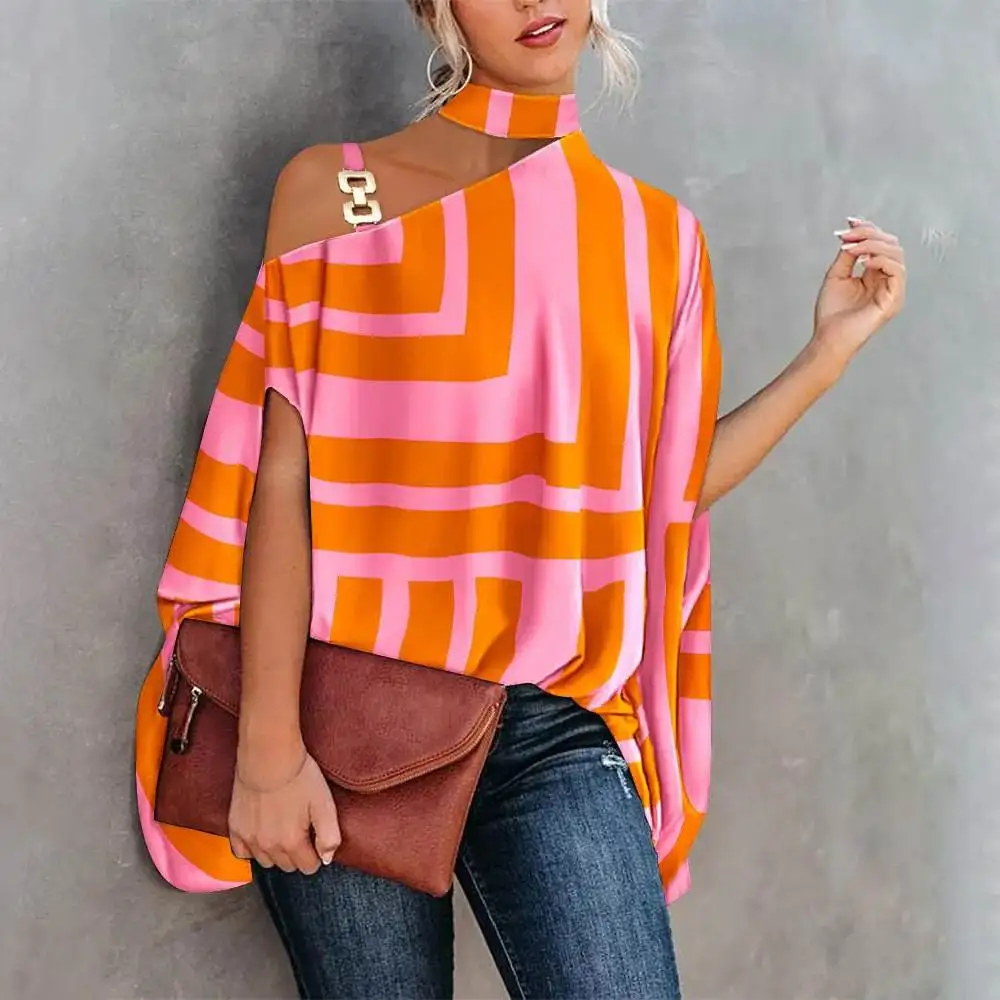 

Street Sle Faionable Printed Batwing Sve irt Women's irt Spring Summer Autumn Ne Hanging Ladies' Blouse