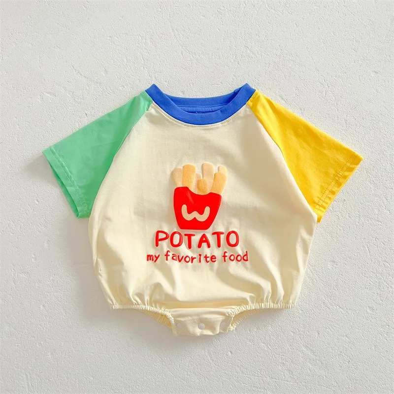 Korean Style of Loose and Trendy Baby Summer Bodysuit for 0-2 Years Old Cartoon French Fries Jumpsuit Socks Sunscreen Hat K243