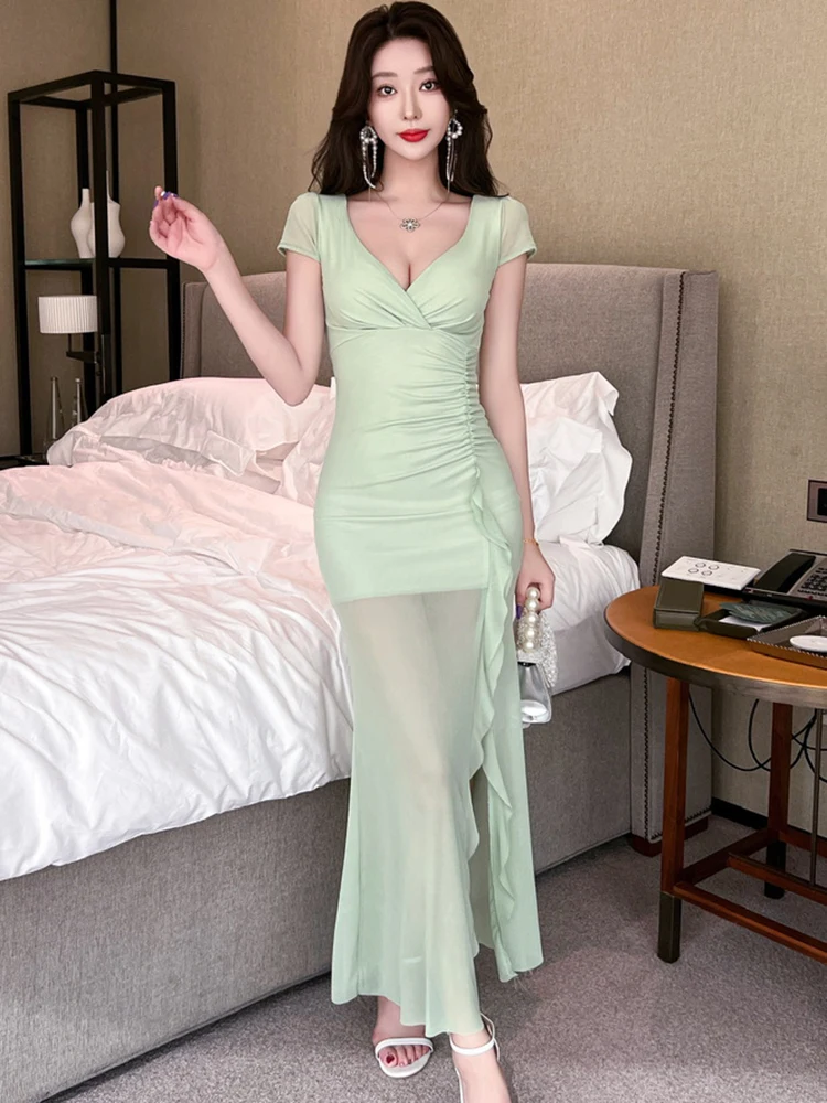 المرأة بوهو طباعة شبكة قصيرة الأكمام الخامس الرقبة مثير فستان طويل الصيف أنيقة شيك فستان مكشكش 2025 الكورية Bodycon مهرجان فساتين