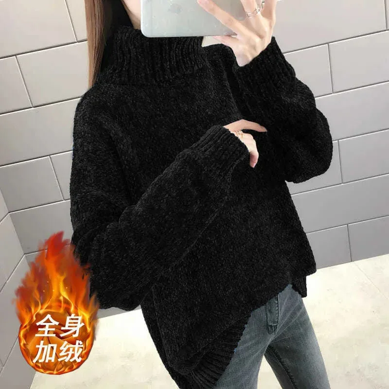 New Womens Pullover Sweater Coat Autumn Winter Thick Plus Fleece Warm Knitwear High Neck Loose Female Knit Bottom Shirt Wine Red