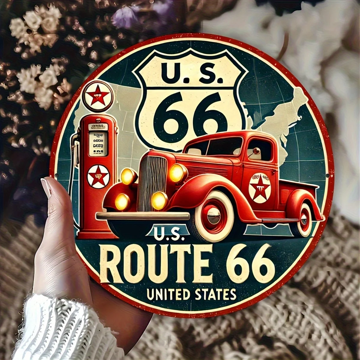 2D Flat, 1pc Vintage Route 66 Metal Wall Art Sign - 8x8 Inch Round Aluminum Decorative Plaque with Classic Car & Gas Pump Design