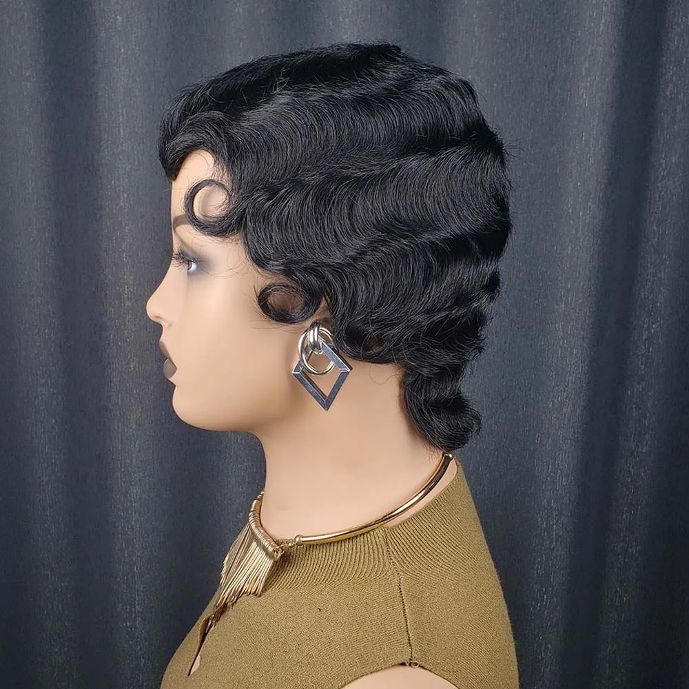 짧은 곱슬 픽시컷 가발 핑거 오션 웨이브 가발 흑인 여성용 레미 인모 숏 레이어드 머신 메이드 밥 가발