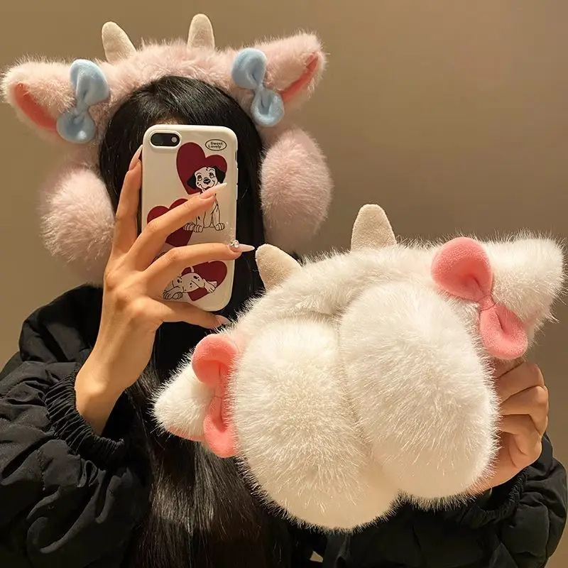 New Butterfly Knot Sheep Horn Plush Earmuffs For Women 2024 Children Cold Proof Warm Fur Ear Warmer Winter Headphones Cycling