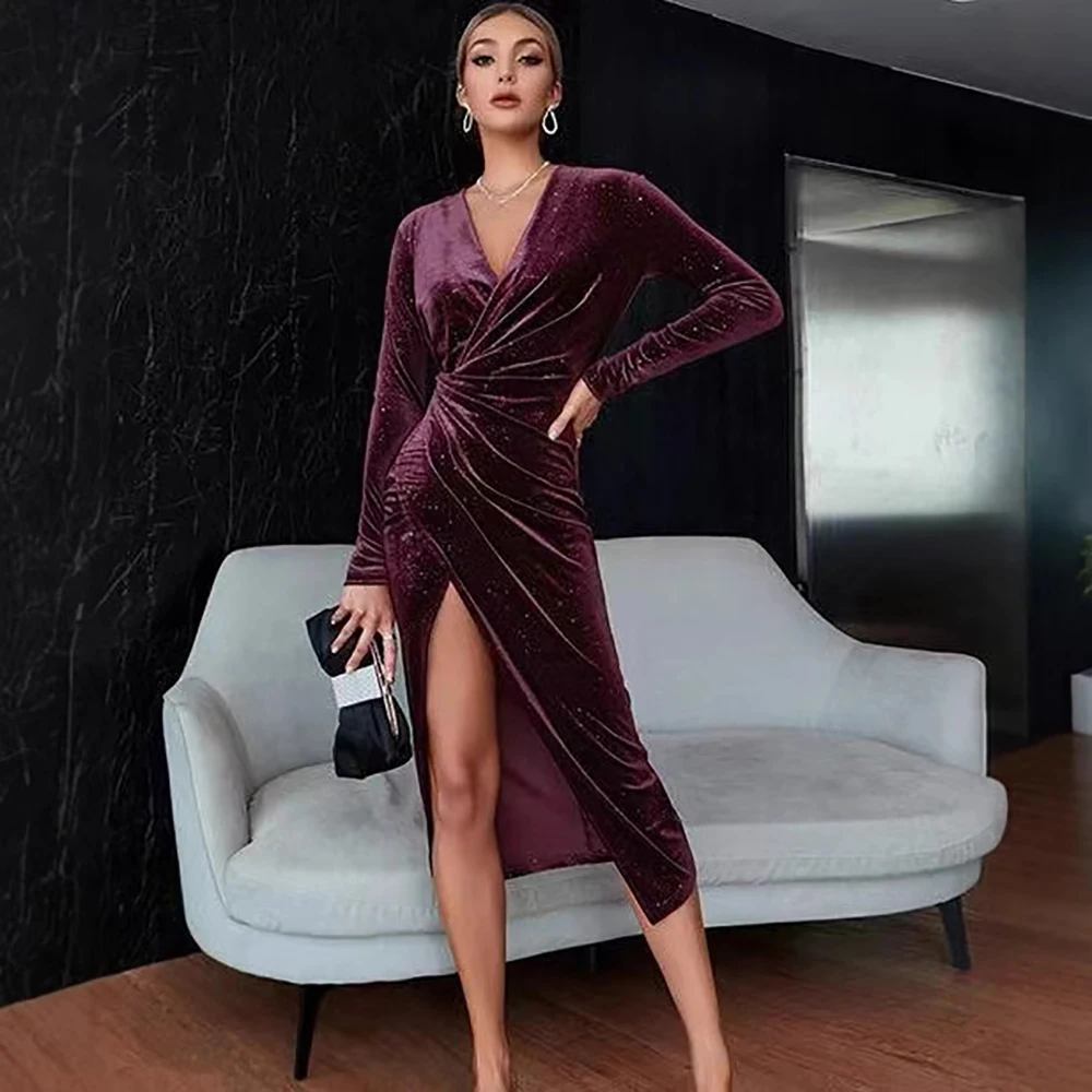 Women's Elegant Velvet Sparkle Evening Dress Solid Long Sleeve Sexy Deep V Neck High Slit Bodycon Autumn Party Wedding Dresses