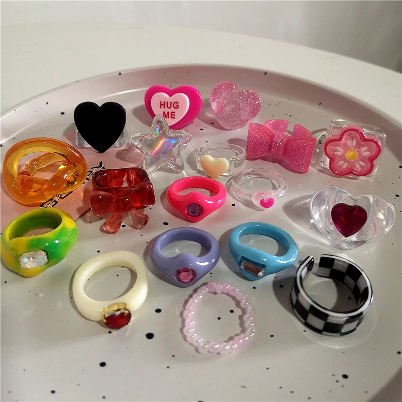 New Korean Y2K Acrylic Cute Sweet Star Bowknot Heart Ring Jewelry