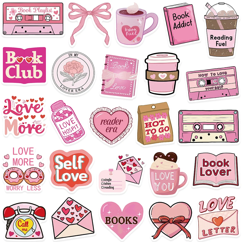 50pcs Cartoon Pink Girls Reading Book Lover Stickers For Laptop Luggage Water Bottle Scrapbook Phone Waterproof Vinyl Decals