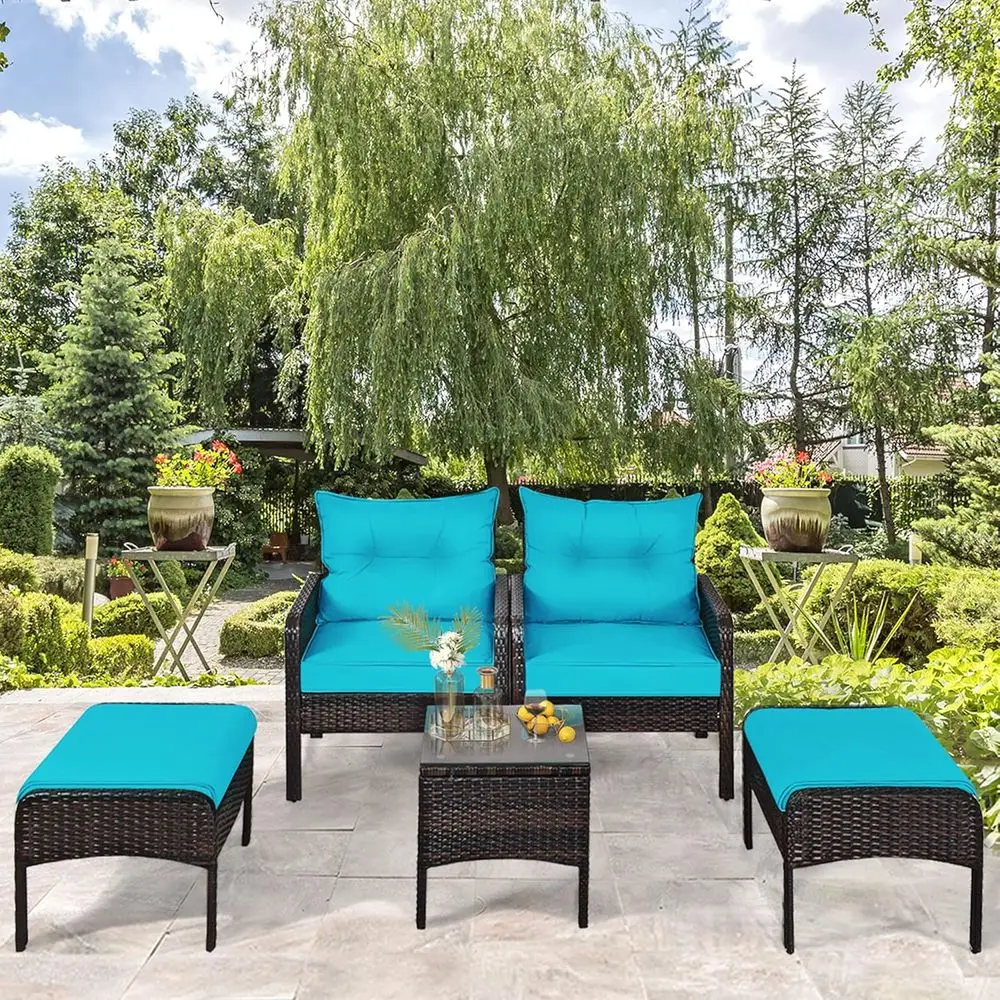 Turquoise Outdoor Patio Furniture Set - 5-Piece Rattan Conversation Set with Cushions, Glass Table, and Ottomans