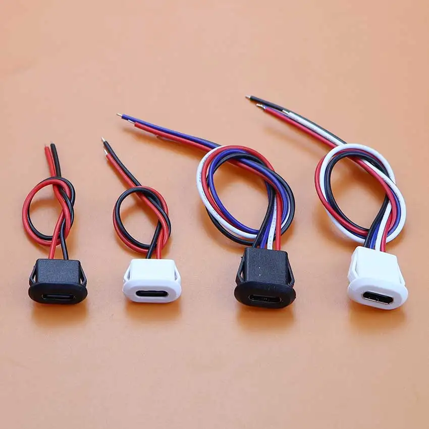 JCD 5Pcs USB Type-C Female Socket Connector 2Pin 4Pin Black  White with PH2.0 Terminal Welded Wire DIY Cable Charging Port