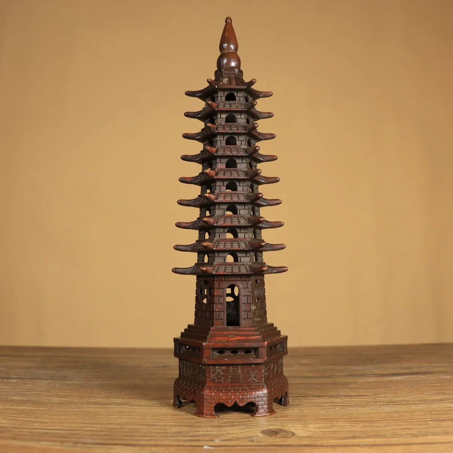 Vintage Brass Wenchang Pagoda Statue Nine Level Feng Shui Tower for Study Desk Office Home Decor Craft Blessing Gift