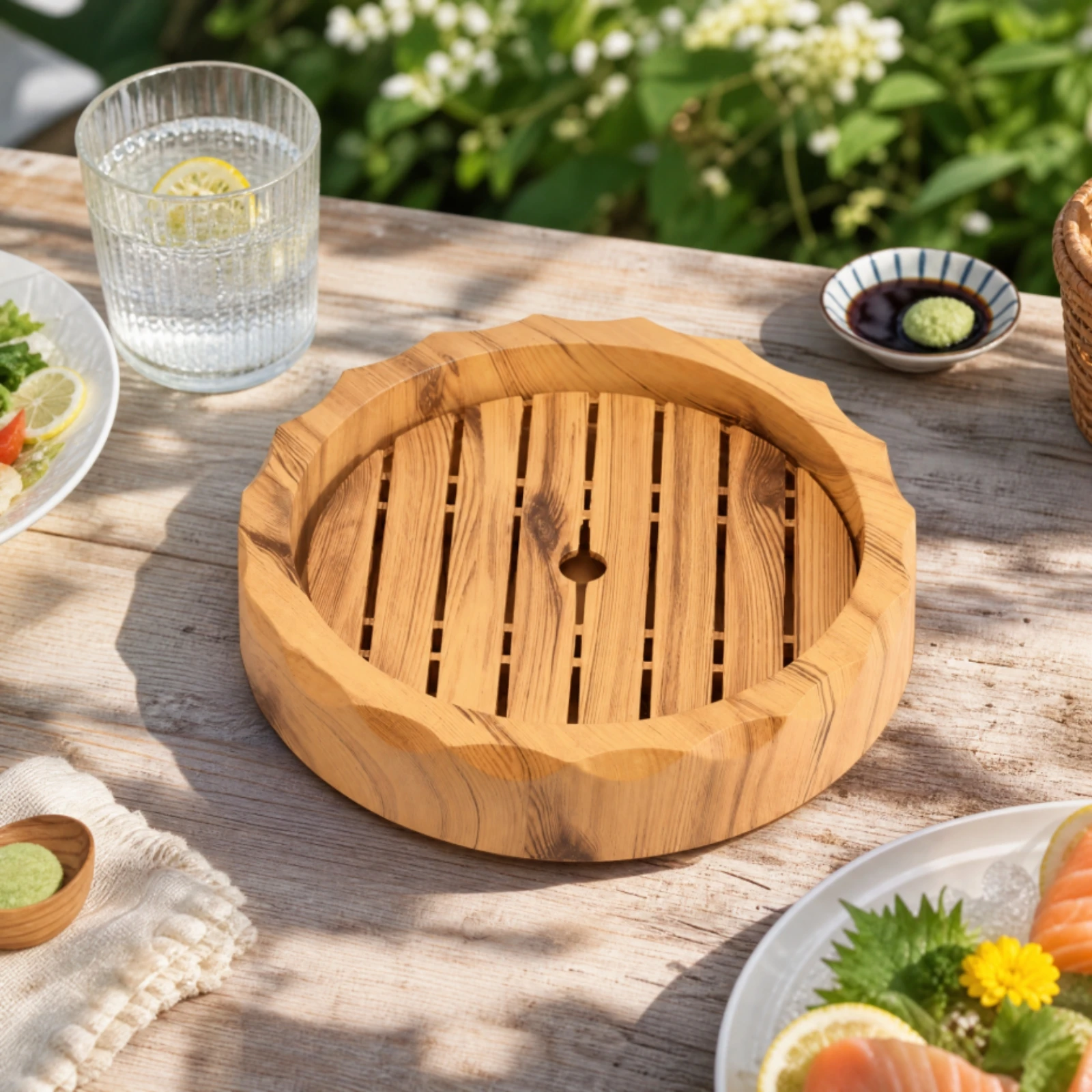Sushi Plate Long-Lasting Round Plastic Sashimi Serving Plate Wood-Look Seafood Serving Platter Versatile Compact for Adults