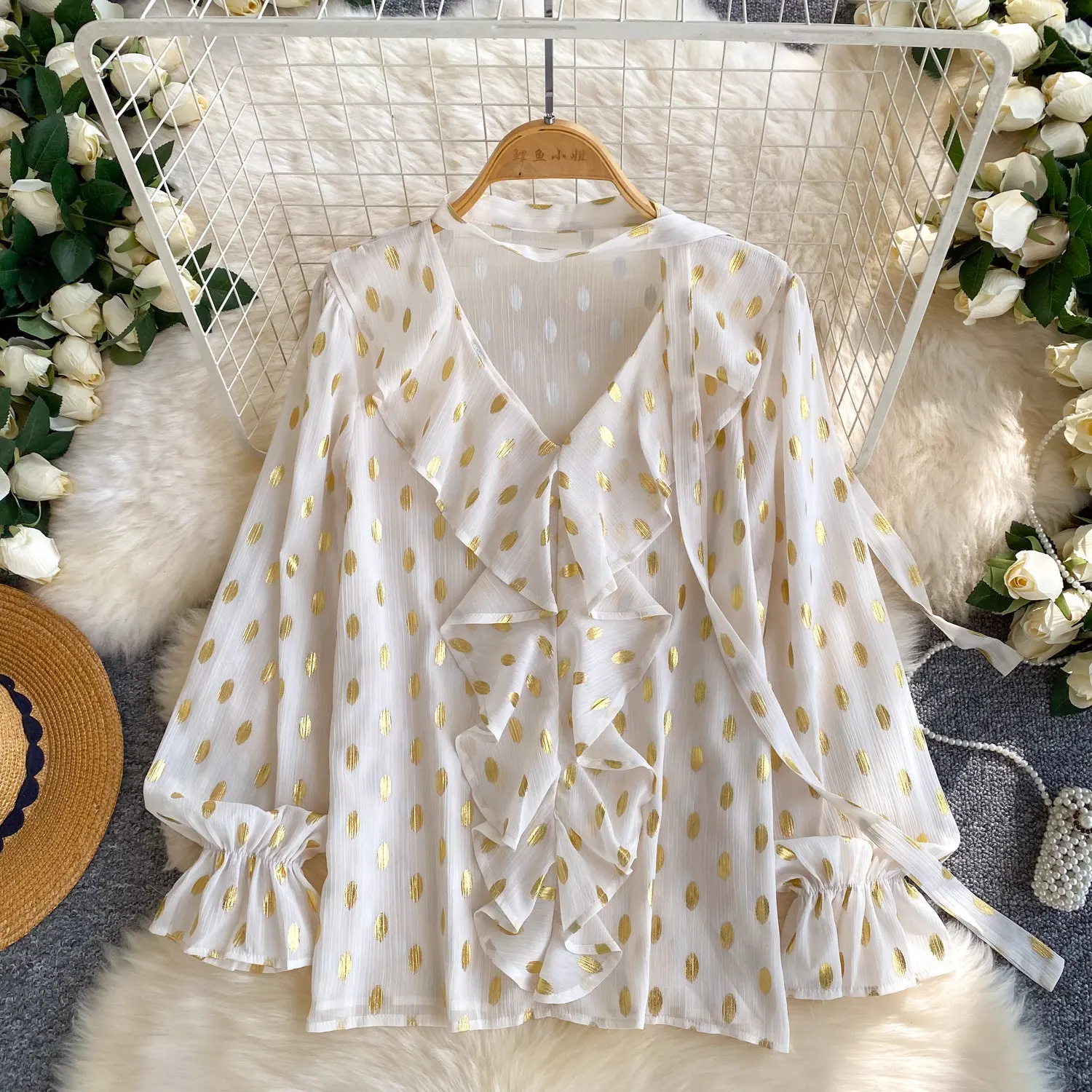 

Women Blouse Polka Dot Shirts Ruffle Hem Lace Up Long Sleeve Turn Down Collar Slight Strech Loose Office Lady Casual 2026 Spring