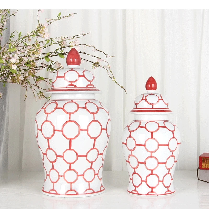 Ceramic Checkmate Jar Red Gingerbread Flower Vase Porcelain Ornament Chinese Handicraft Home Decoration Accessories