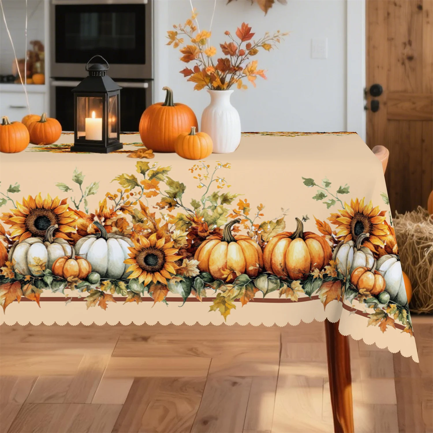 Striped pumpkin sunflower foliage tablecloth for autumn, 1 pack, suitable for Thanksgiving tablezyc