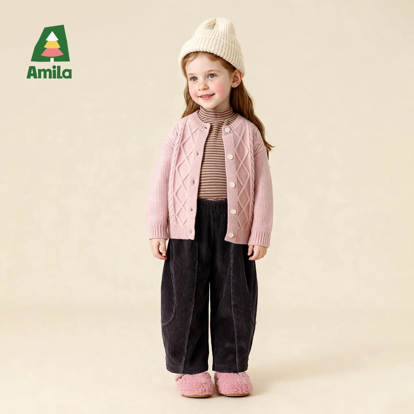 Amila 2026 Kids Winter Casual Wide Leg Pants With Corduroy Material Double Layer Thickened Temperature Locking Loose Version