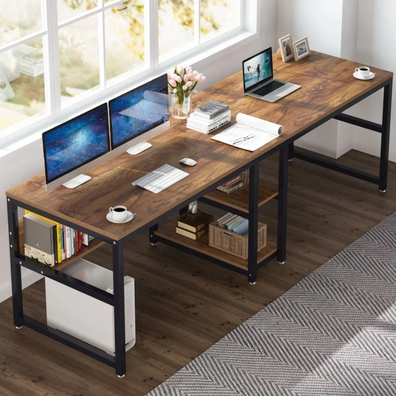 Two Person Desk with Bookshelf, 78.7 Computer Office Double Desk