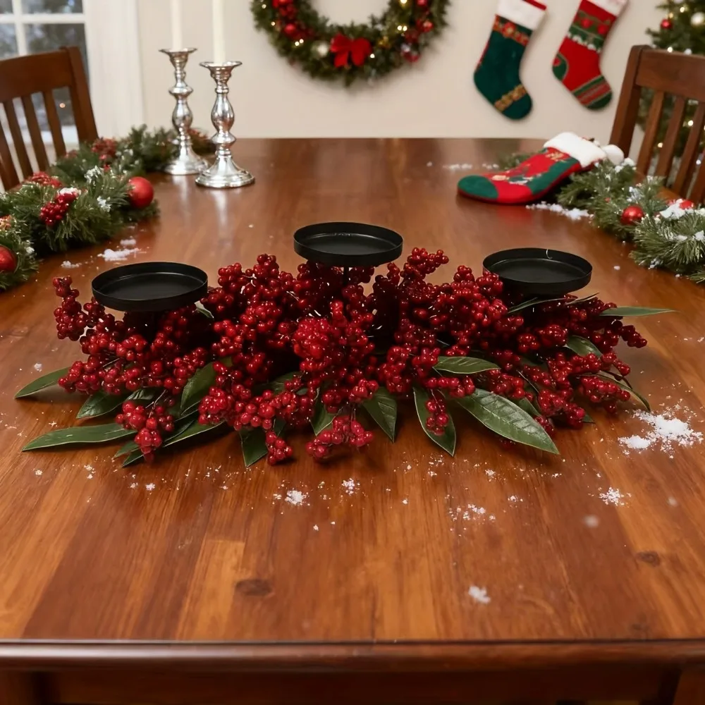 Artificial Berry Wreath Three Legged Candle Holder Wrought Iron Stable Base Christmas Candlestick Simulated Red