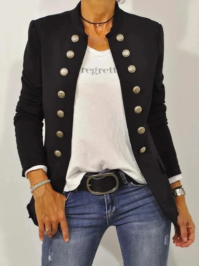 Fall 2023 solid black gray green/navy blue jacket Women long sleeve stand collar button decoration open stitch coat