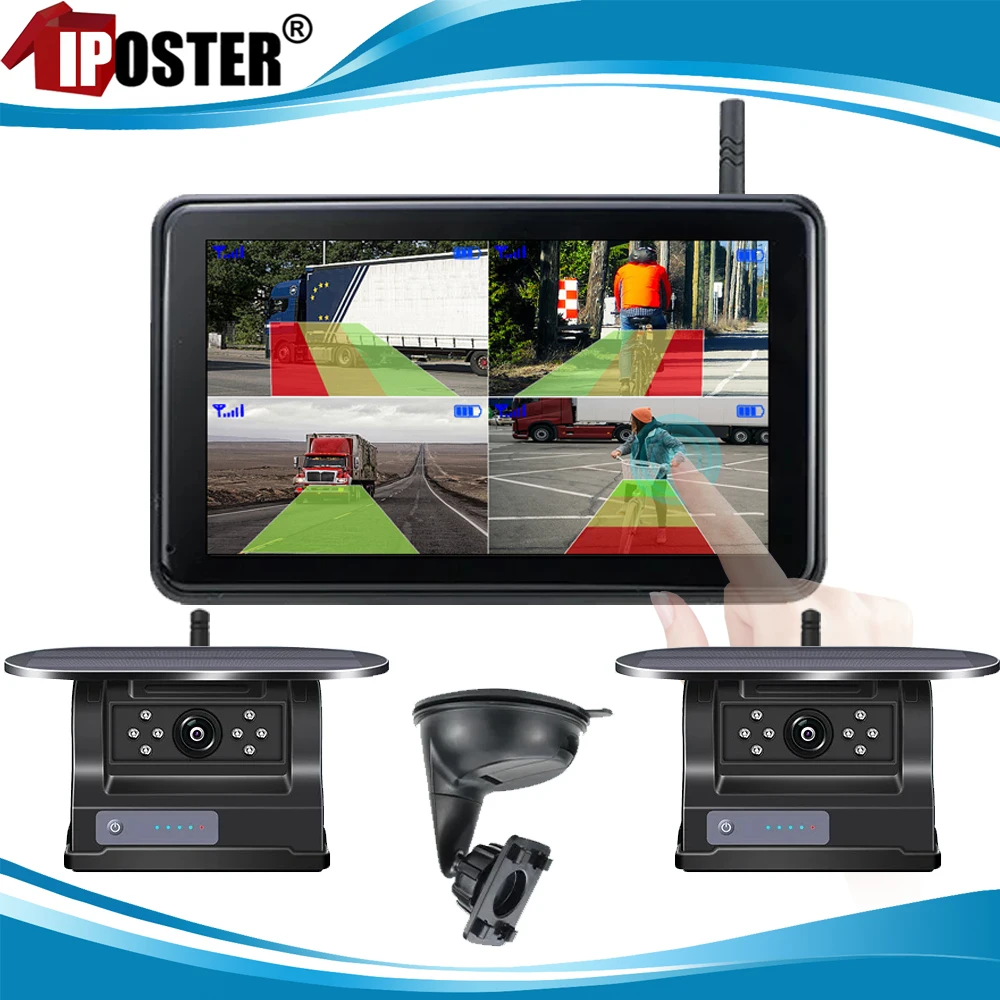 

iPoster 1080P Magnetic Solar Charging Wireless Backup Camera with 7'' Touch Monitor DVR BSD Blind Spot Alarm for RV/Trailer/Fork