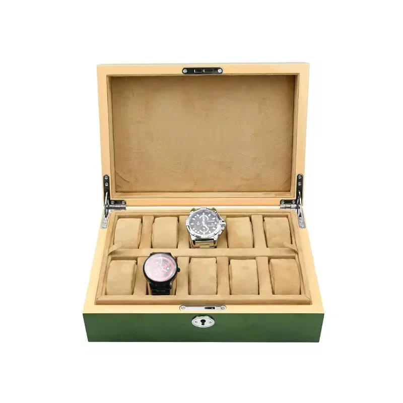 Wholesale High-grade Green Wooden 10 Grids Watch Box Large Capacity Watch Storage Box GMT Watch Box Display Props Gift Cases