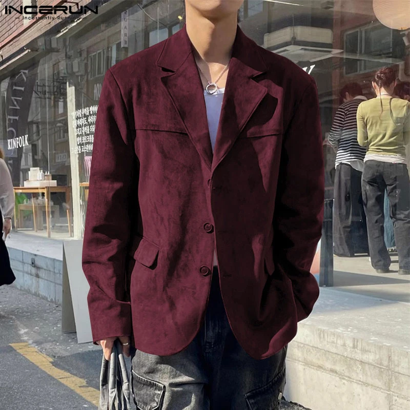 Fashion Casual Style Tops INCERUN Mens Suede Patchwork Design Suit Coat Handsome Male Solid All-match Long Sleeved Jackets S-5XL