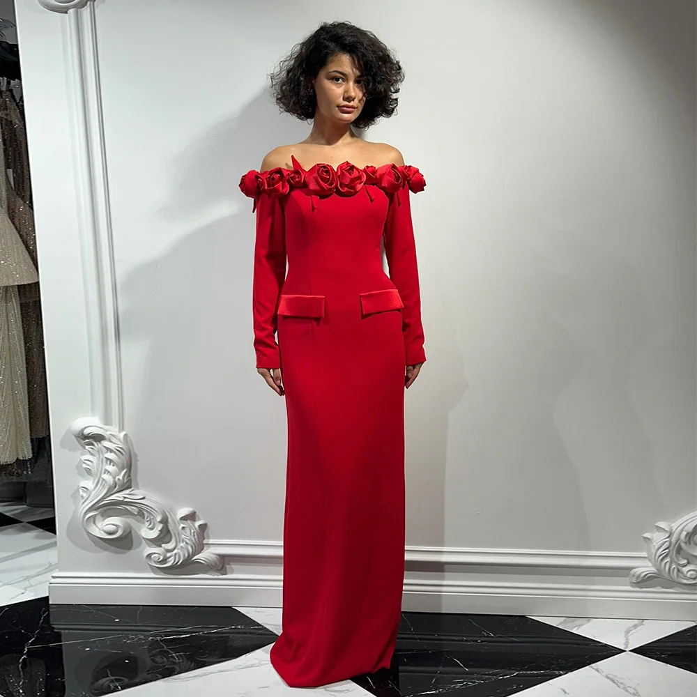 

Современное вечернее платье с 3D цветами и открытыми плечами, женские вечерние платья с длинными рукавами и разрезом сзади, длиной до пола, красное платье для выпускного вечера