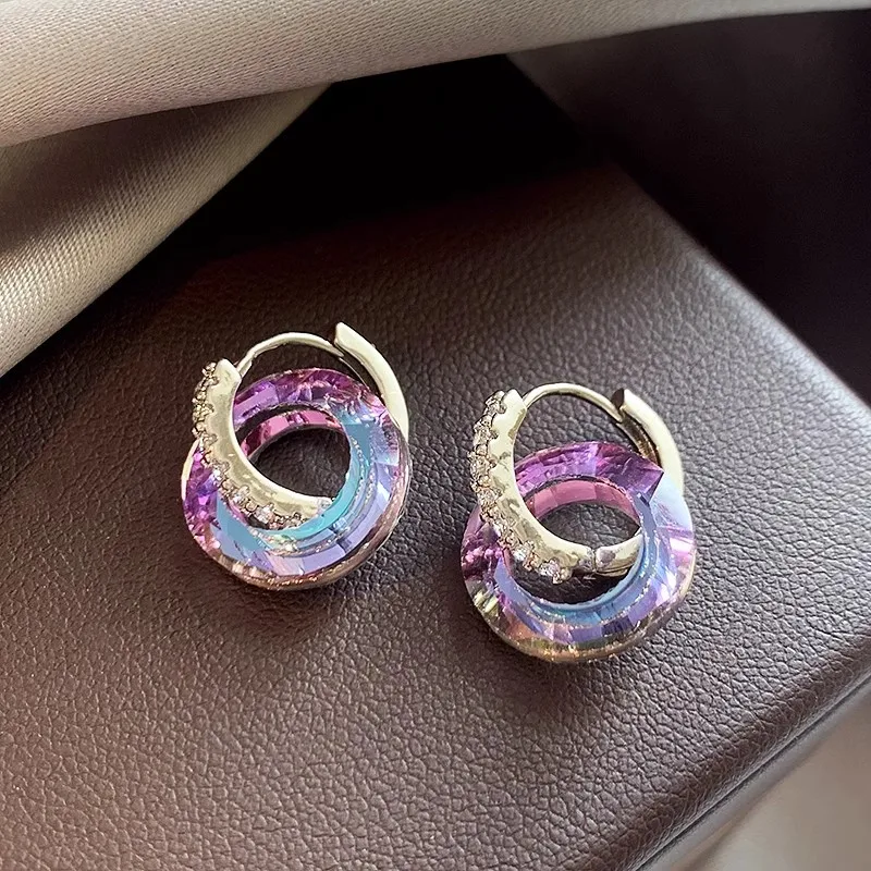 Dreamy Purple Crystal Women's Round Earrings Ear Drops High Quality Cute Mini Round Hollow Metal Earnail Eardrop Women Jewelry