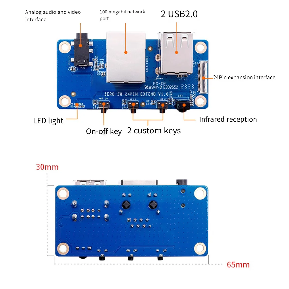 Für Orange Pi Zero 2 W Erweiterungsplatine + Gehäuse 100 m Netzwerkanschluss + USB 2.0 + analoges Audio und Video