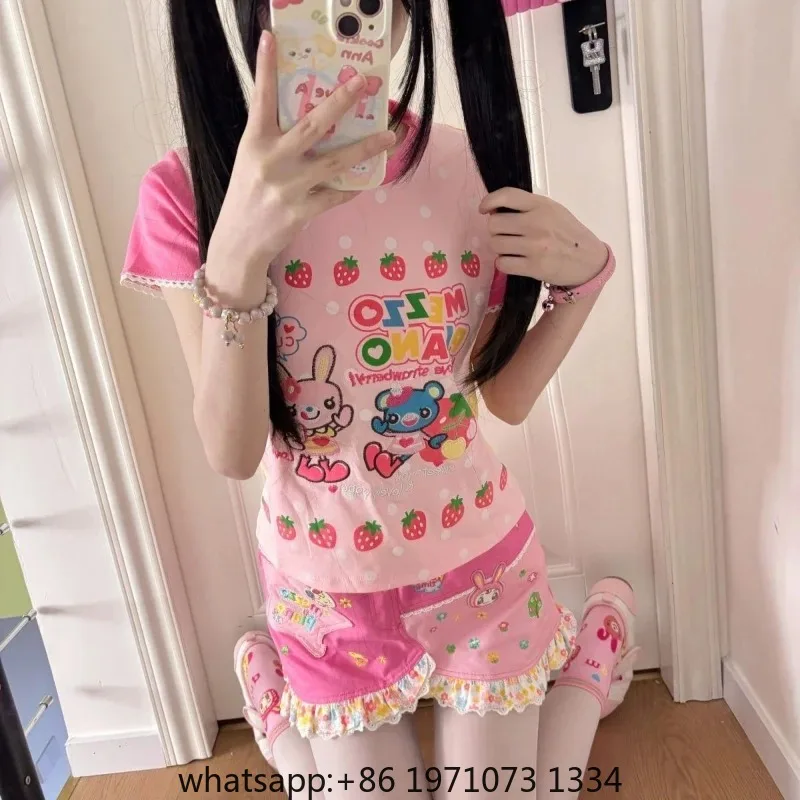 Japanese Kawaii Cartoon Print Tshirts Harajuku Contrast Patchwork Lace Fairy T-shirt Women Y2k Aesthetic Grunge Cropped Tees