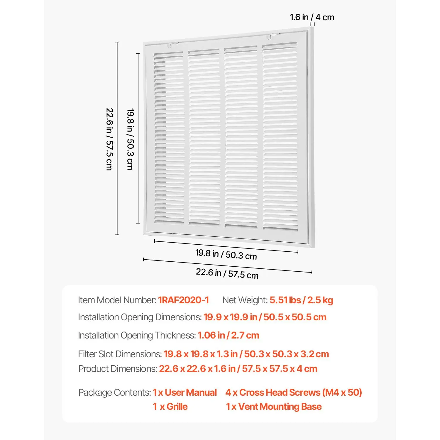 Return Air Filter Grille, Fits W20 x H20 Inch Duct Opening, Filter Not Included, Return Air Vent Cover for Wall, Powder-Coated Steel Return Air Grill Detachable Face/Door for 1 inch Filters