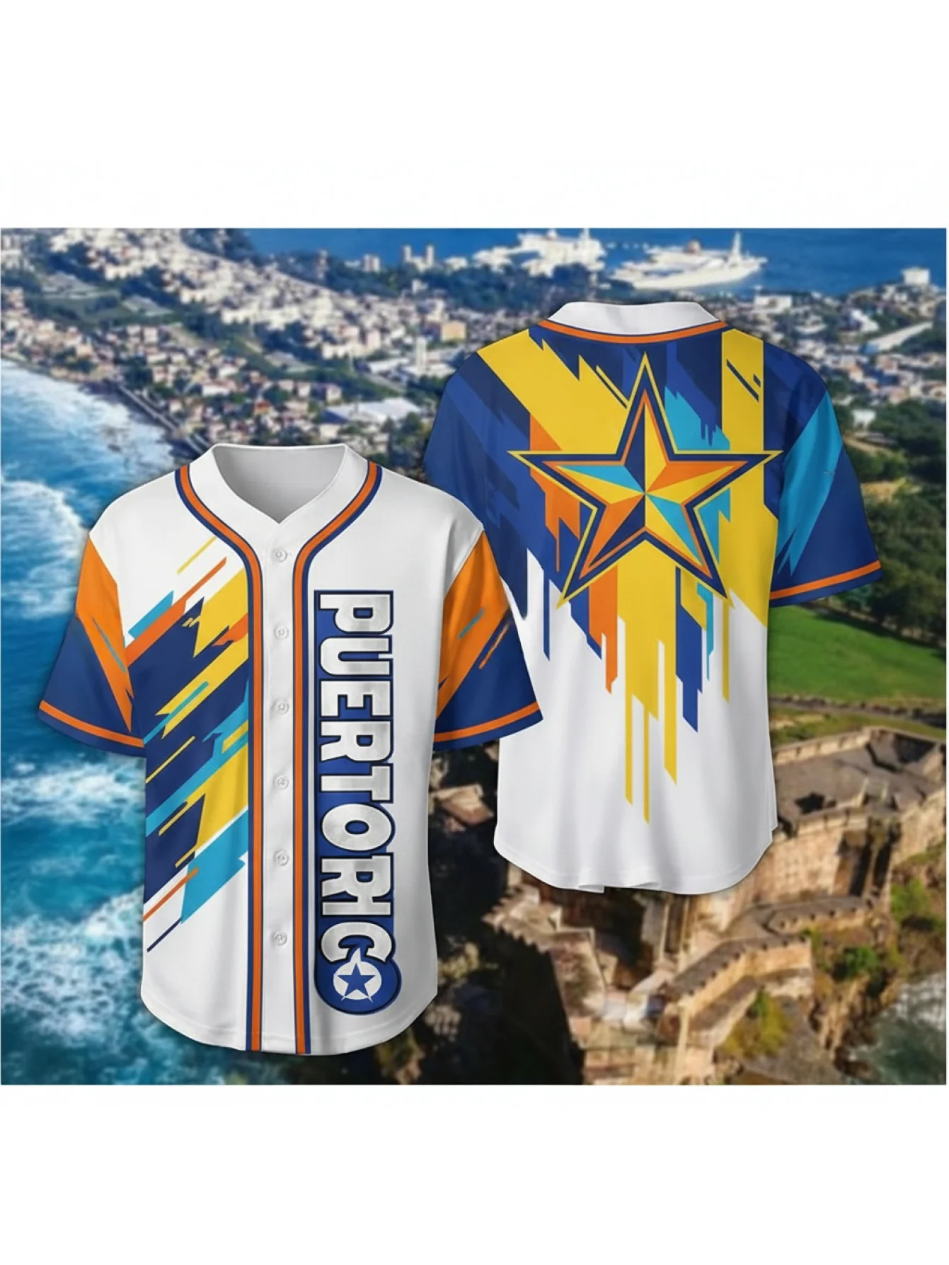 

Puerto Rico Baseball Jersey Beach Wave Print Breathable Quick Dry Button Shirt Casual Summer Sports Uniform For Men Wome