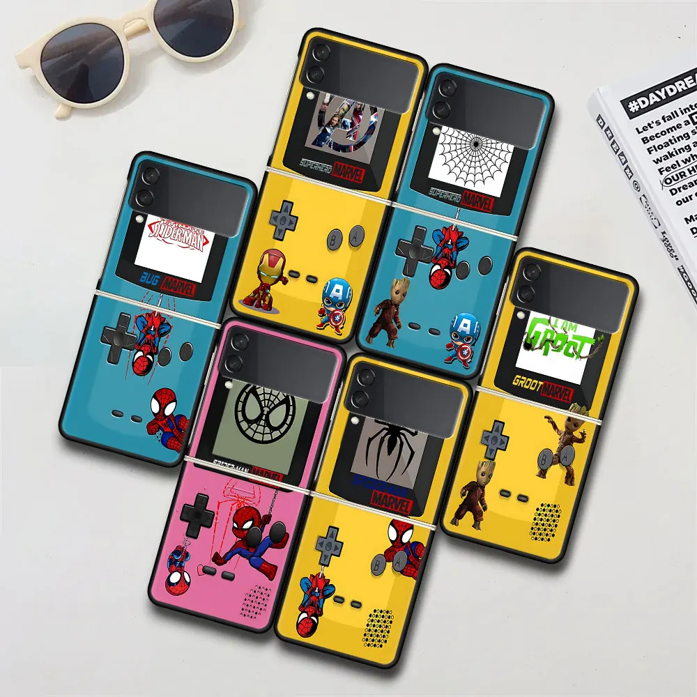 Marvel Super Hero Retro Gaming Console Phone Case for Samsung Galaxy Z Flip 4 3 5G Hard PC Cover Flip4 Flip3 Black Funda Zflip4