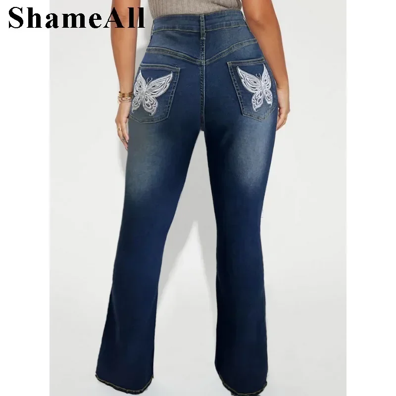 Women's Plus Size  Jeans With Butterfly Embroidered Pockets, Women's Plus Ripped Button Up Flared Leg Jeans