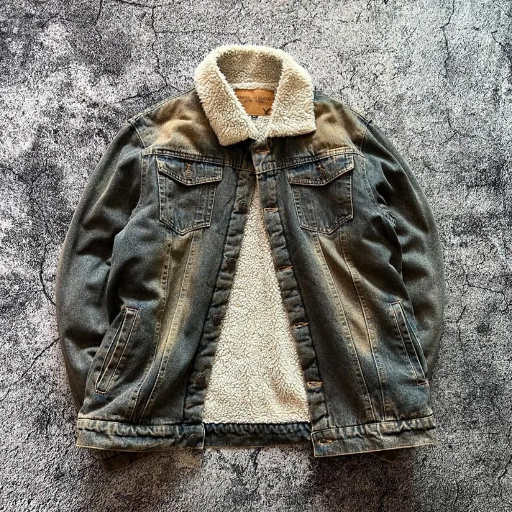 American Retro Heavyweight Amikaji Washed and Thickened Warm Autumn Winter Lamb Wool Denim Cotton Jacket