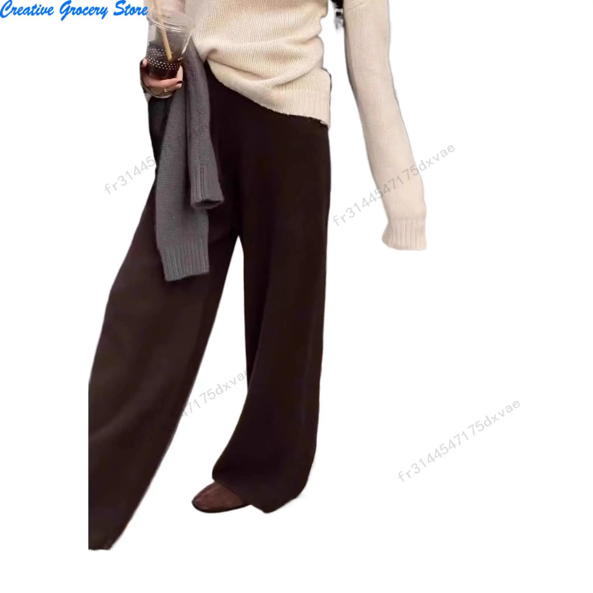 الخريف الشتاء سميكة جديدة واسعة الساق السراويل النسائية ثنيات محبوك مستقيم السراويل الطويلة الكشمير ملابس خارجية
