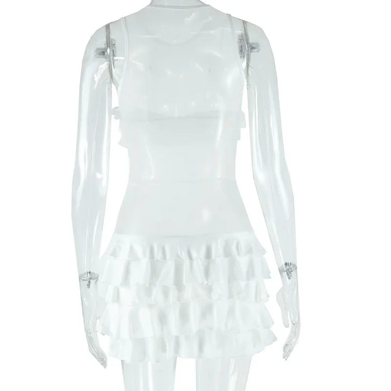 Women Fashion Sheer Mesh Patchwork Cascading Ruffle Solid Mini Cake Dress Sexy O-neck Sleeveless Bodycon Birthday Party Clubwear