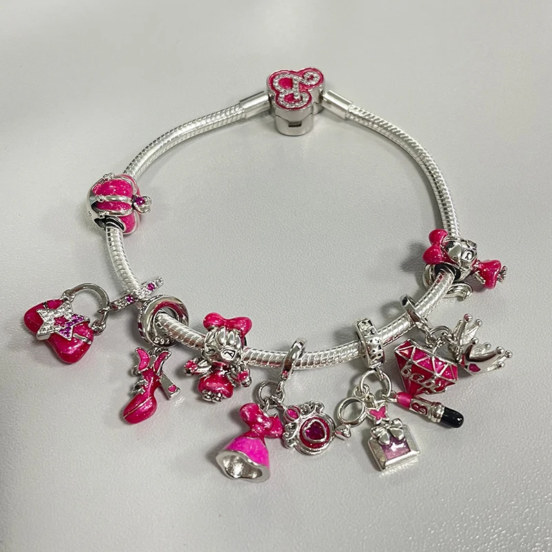 Abalorios de plata de ley 100% 925 para pulsera Pandora, bolsa de falda de princesa rosa, lápiz labial, compatible con pulseras originales, regalos de joyería DIY