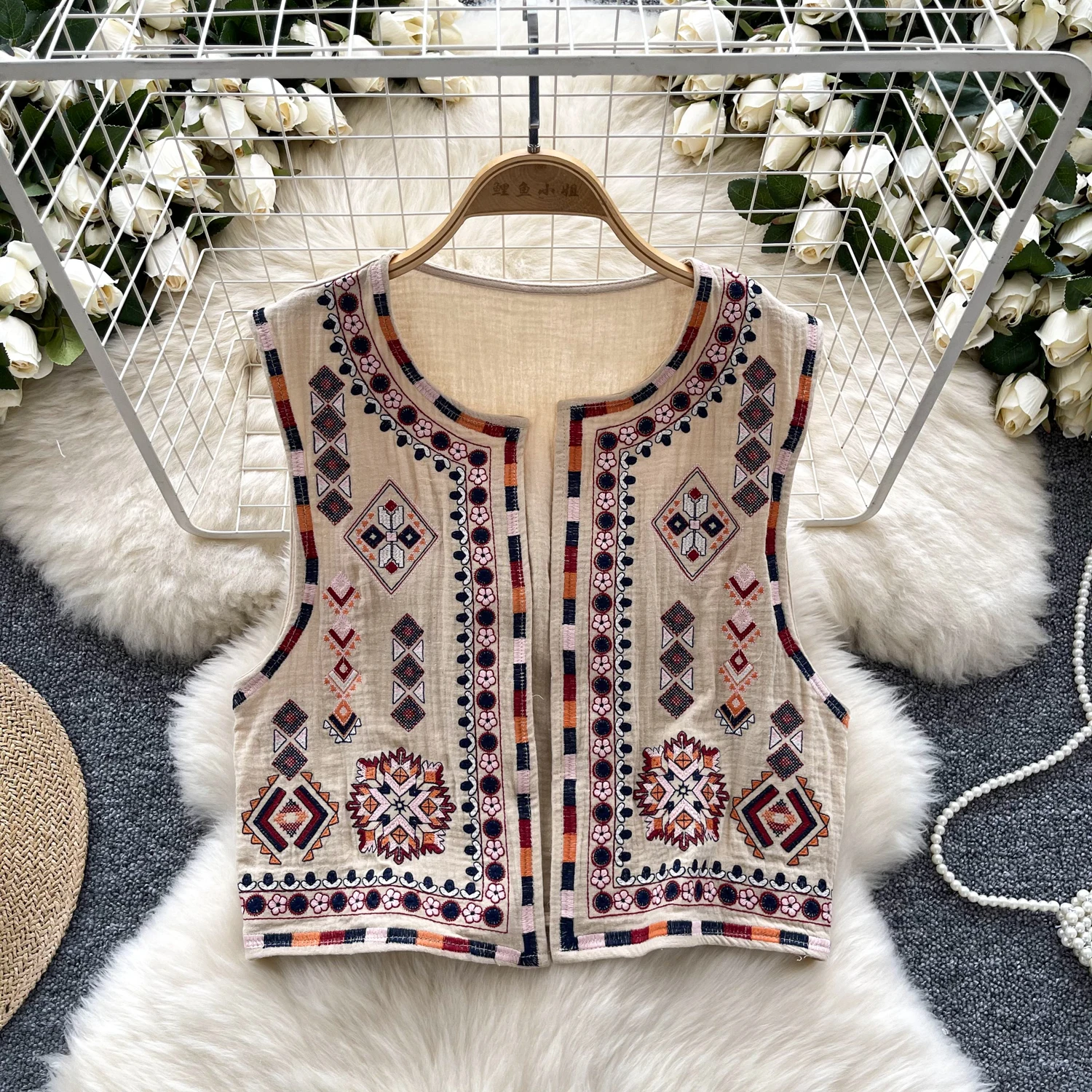 Women fashion embroidery cropped open waistcoat vintage o neck sleeveless female outerwear chic vest tops