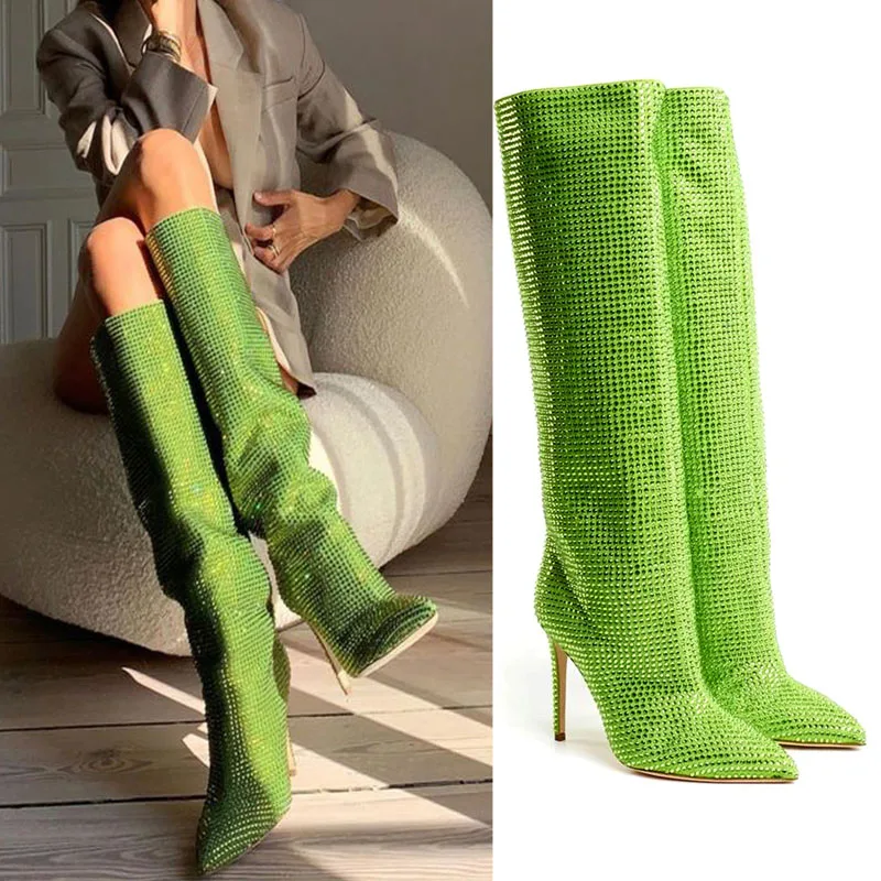 

Glitter Full Drilled Rhinestone Knee Boots Stiletto High Heels Ladies Pointed Toe Green Blue pink Bling Crystal Banquet Boots