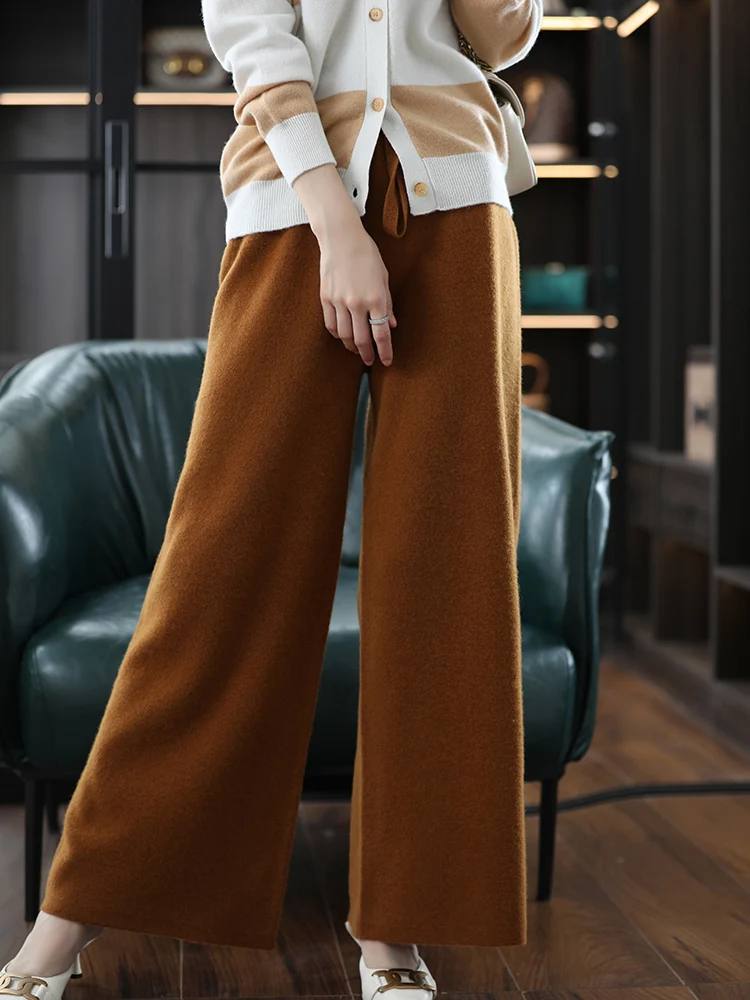 LHZSYY 100%Merino Wool Wide Leg Pant Ladies High Waist Trousers 2024 Autumn And Winter New Fashion Loose Knitted Cashmere