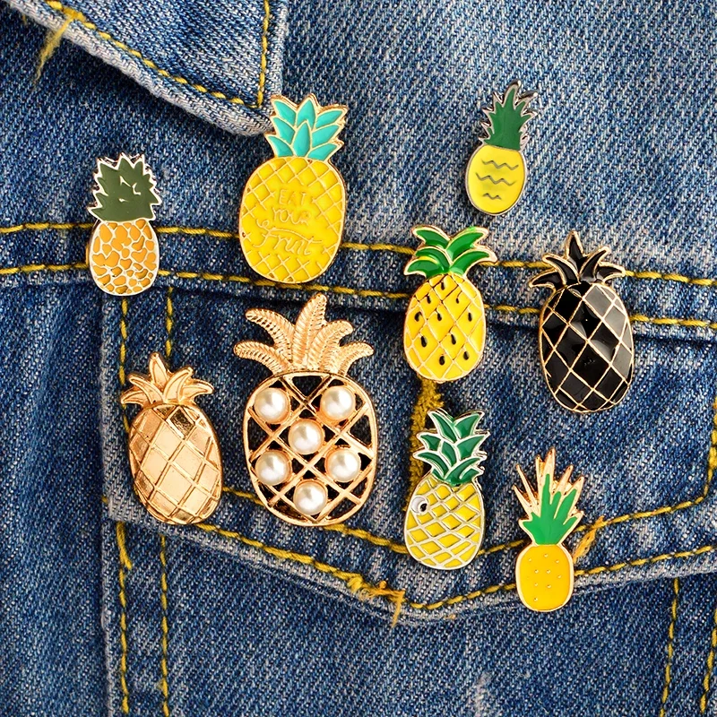 Cartoon Pineapple Enamel Pin Custom Brooches Yellow Black  Eat Fruit Denim Shirt Badge for Bag Lapel Coat Fashion Jewelry