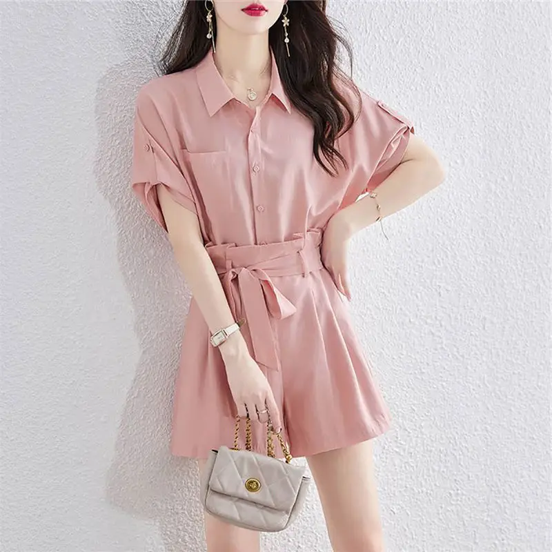 

Loose Casual Solid Color Lace-up Short Sets for Women 2 Pieces Novelty In Woman Shorts Chic and Elegant Trends Shirts & Blouses