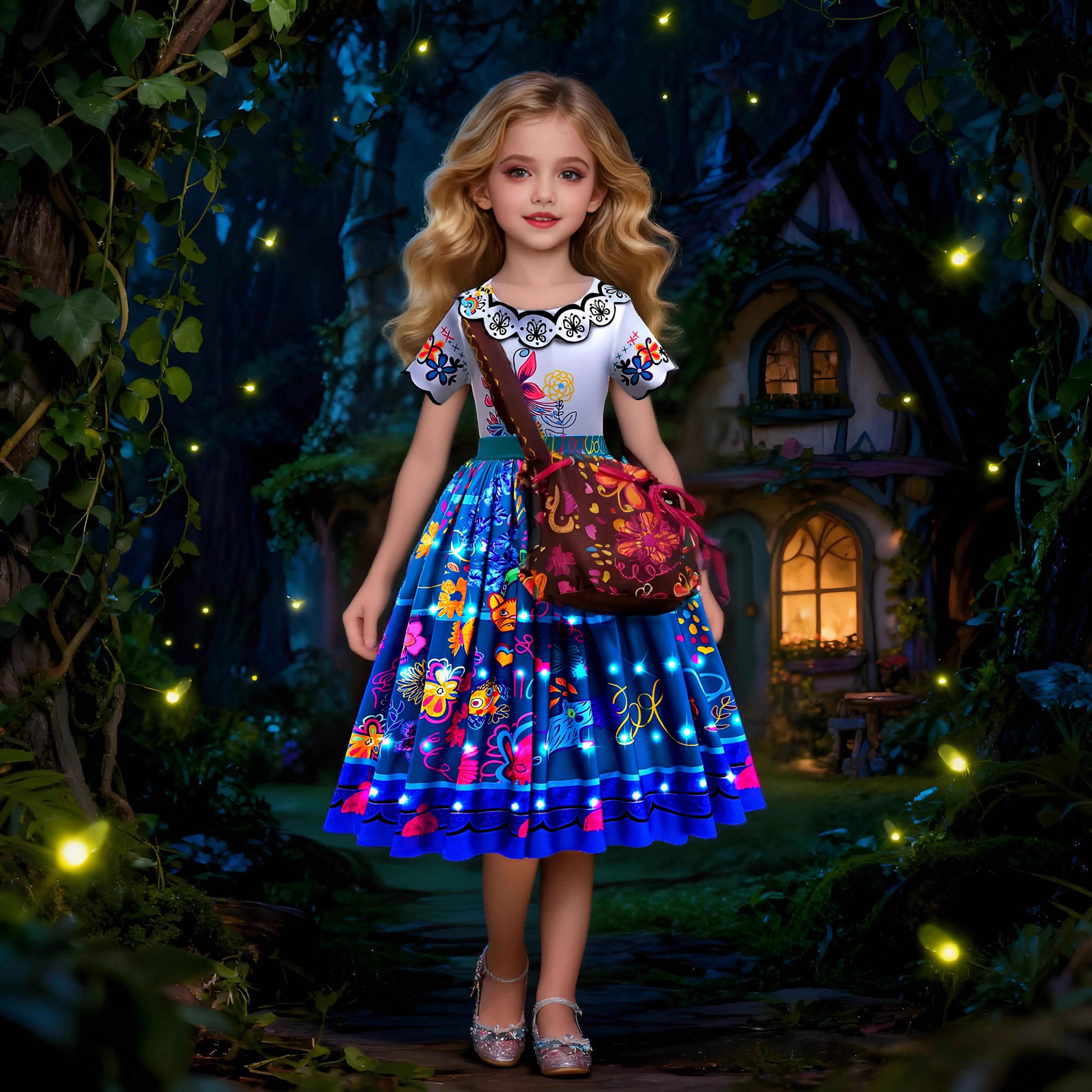 

2025 Summer Girls Evening Party Girl's LED Lights Mirabel Isabella Princess Dresses Coslplay Halloween Luminous Prom Gowns
