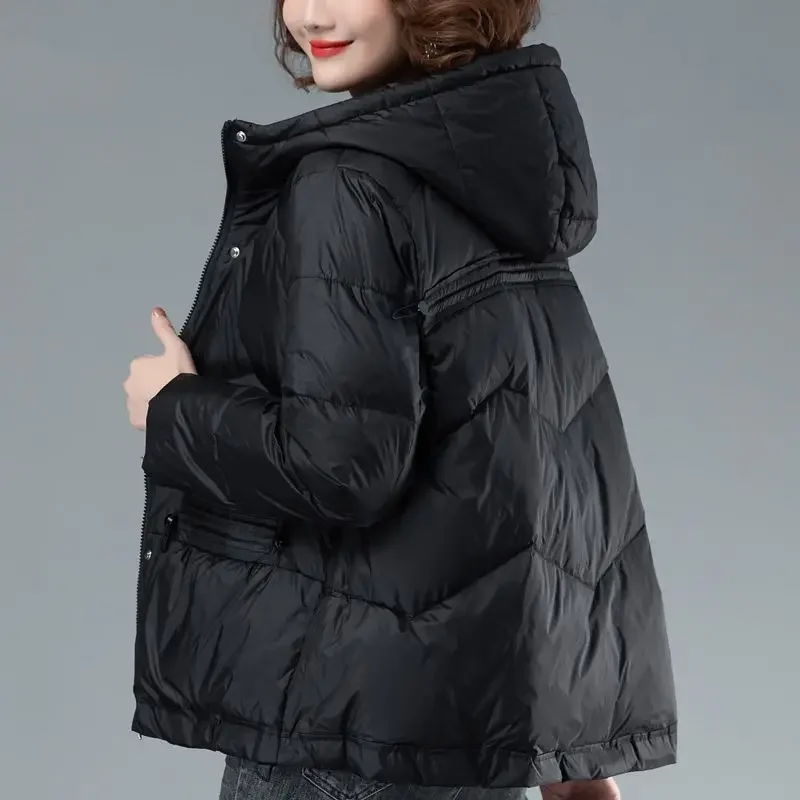 Duck Down Cropped Thick Padding Short Women\'s Jacket Quilted Padded Hoodie Female Coats High Quality Korean 2024 Warm Clothes