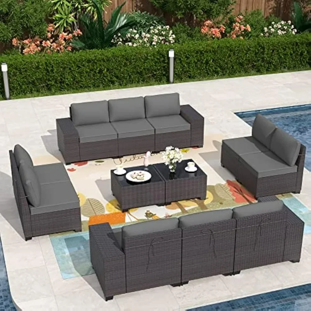 

12 Pieces Outdoor Patio Furniture Set Sectional Sofa Sets Patio Conversation Set w/10 Grey Seat Cushions and 2 Coffee Tables